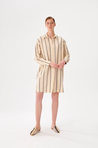 Uzun Kollu Krem-Lacivert Şeritli Kutnu Gömlek Elbise