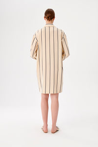 Uzun Kollu Krem-Lacivert Şeritli Kutnu Gömlek Elbise