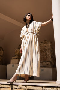 Cream-Navy Striped Kutnu Maxi Kimono Dress