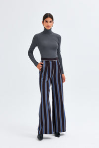 Brown-Blue Striped Kutnu Palazzo Pants