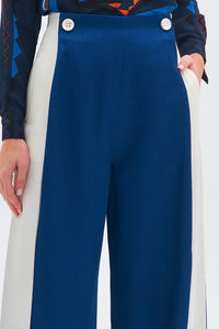 Düğme Detaylı Geniş Paça Mavi Kutnu Pantolon