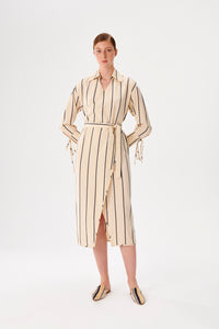 Cream-Navy Striped Kutnu Wrap Dress