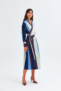 Brown-Blue Striped Kutnu Wrap Dress