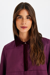 Kadife Detaylı Polo Yaka Bordo Bluz