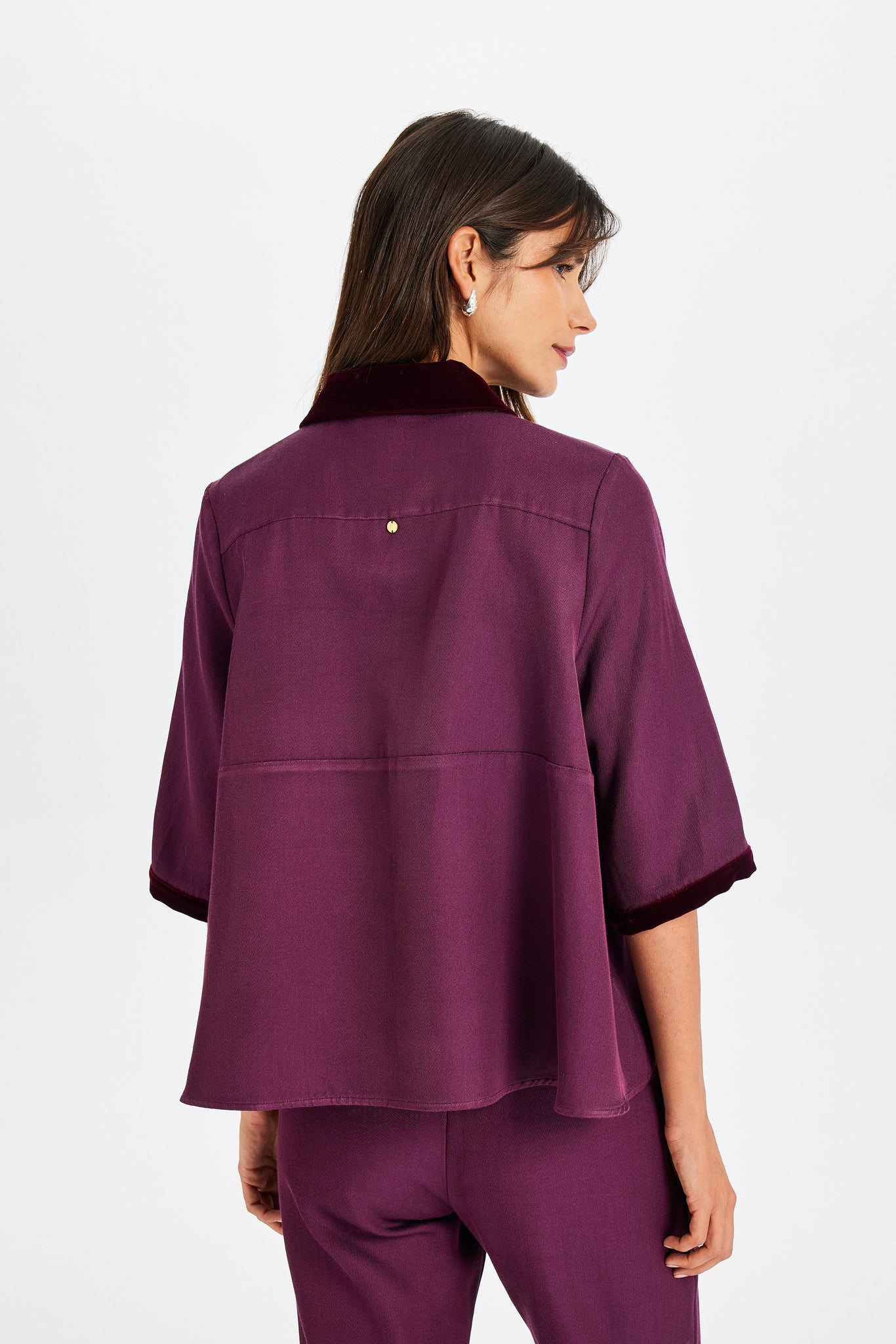 Kadife Detaylı Polo Yaka Bordo Bluz
