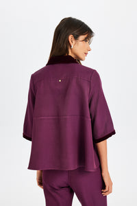 Kadife Detaylı Polo Yaka Bordo Bluz