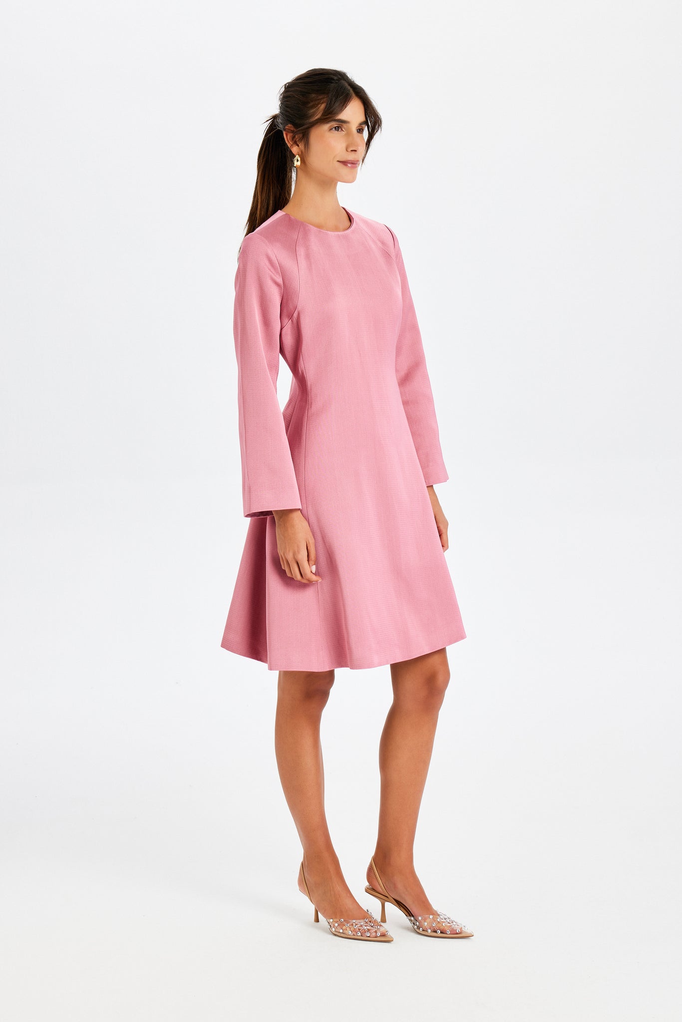 Kutnu Uzun Kollu Mini Koyu Pembe Elbise