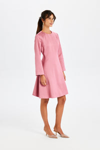 Kutnu Uzun Kollu Mini Koyu Pembe Elbise