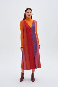 Yırtmaç Detaylı V Yaka Kutnu Renkli Jile Elbise