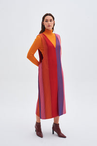 Yırtmaç Detaylı V Yaka Kutnu Renkli Jile Elbise