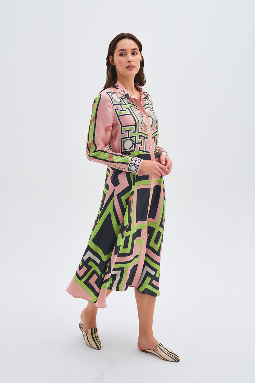 Zeugma Geometrik Desenli Uzun İpek Elbise
