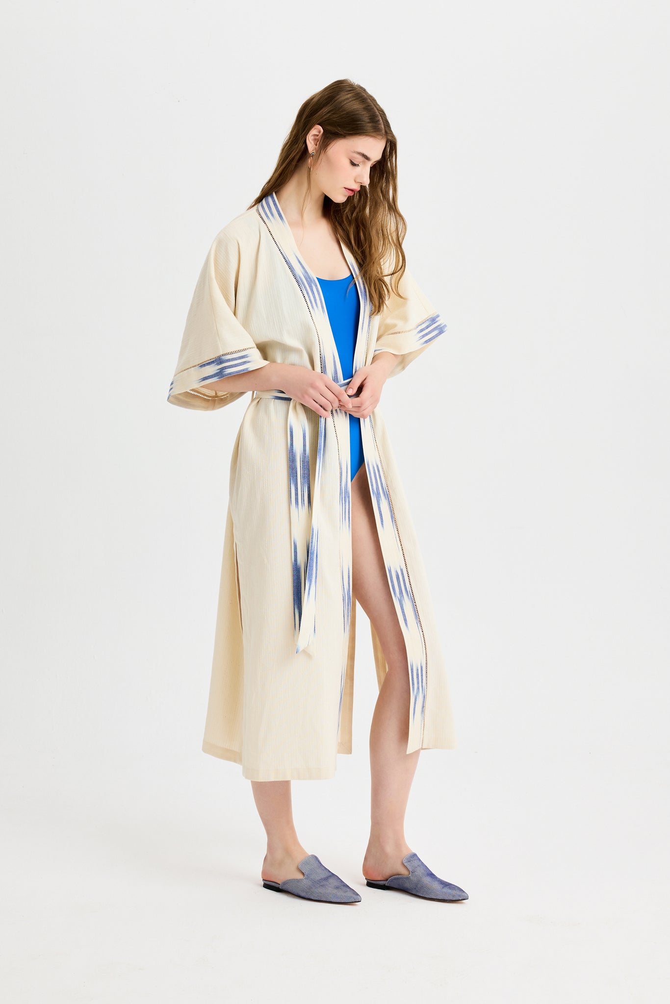 Blue Ikat Detailed Long Peshtemal Kimono