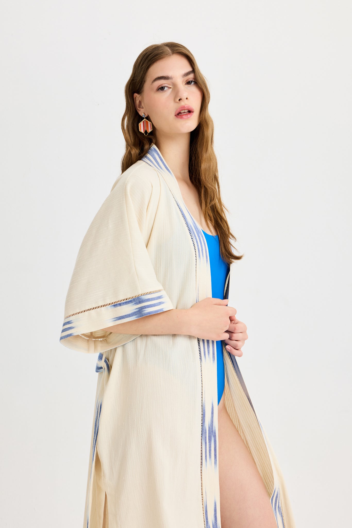 Blue Ikat Detailed Long Peshtemal Kimono