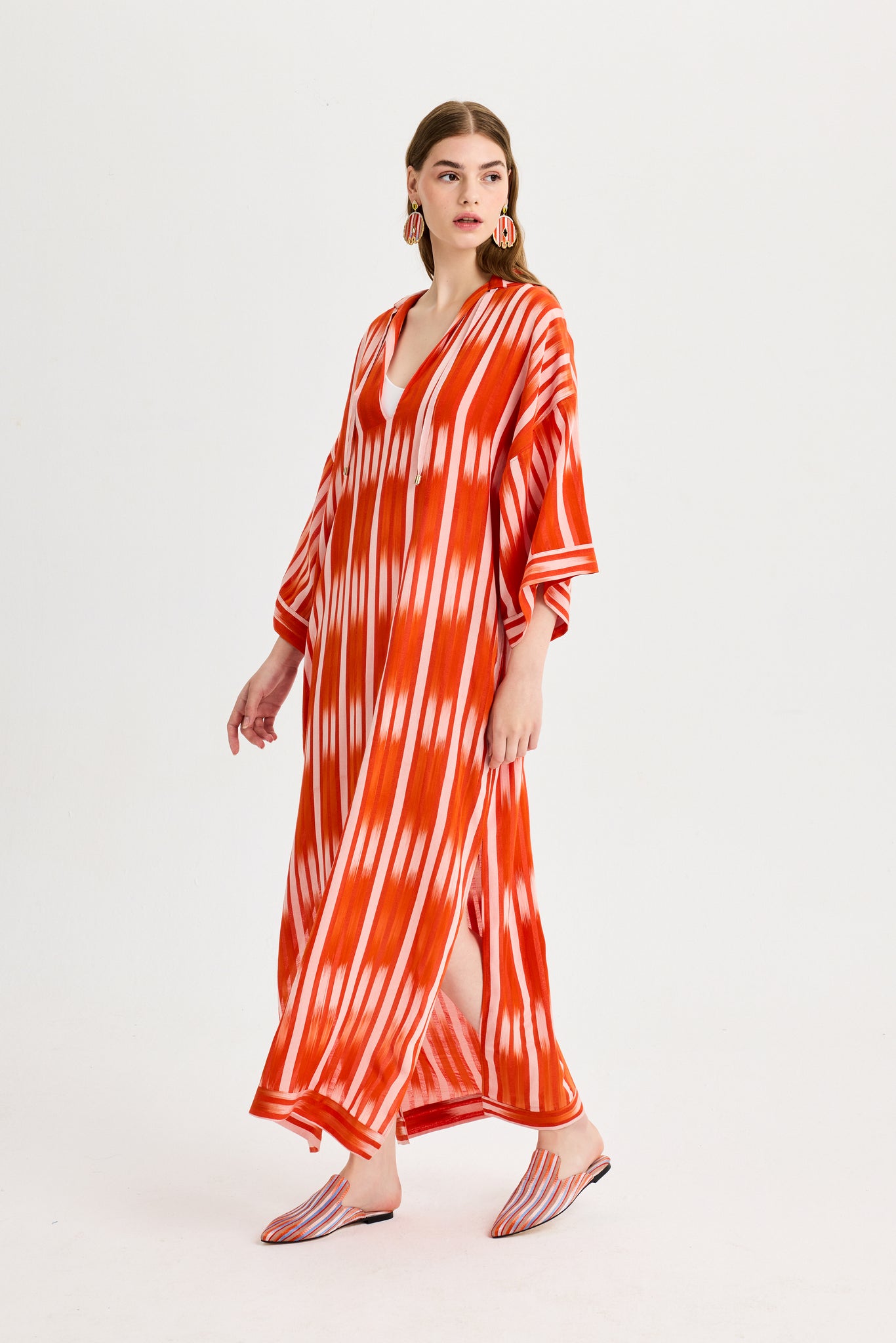 Orange Ikat Detailed Hooded Kutnu Kimono Dress