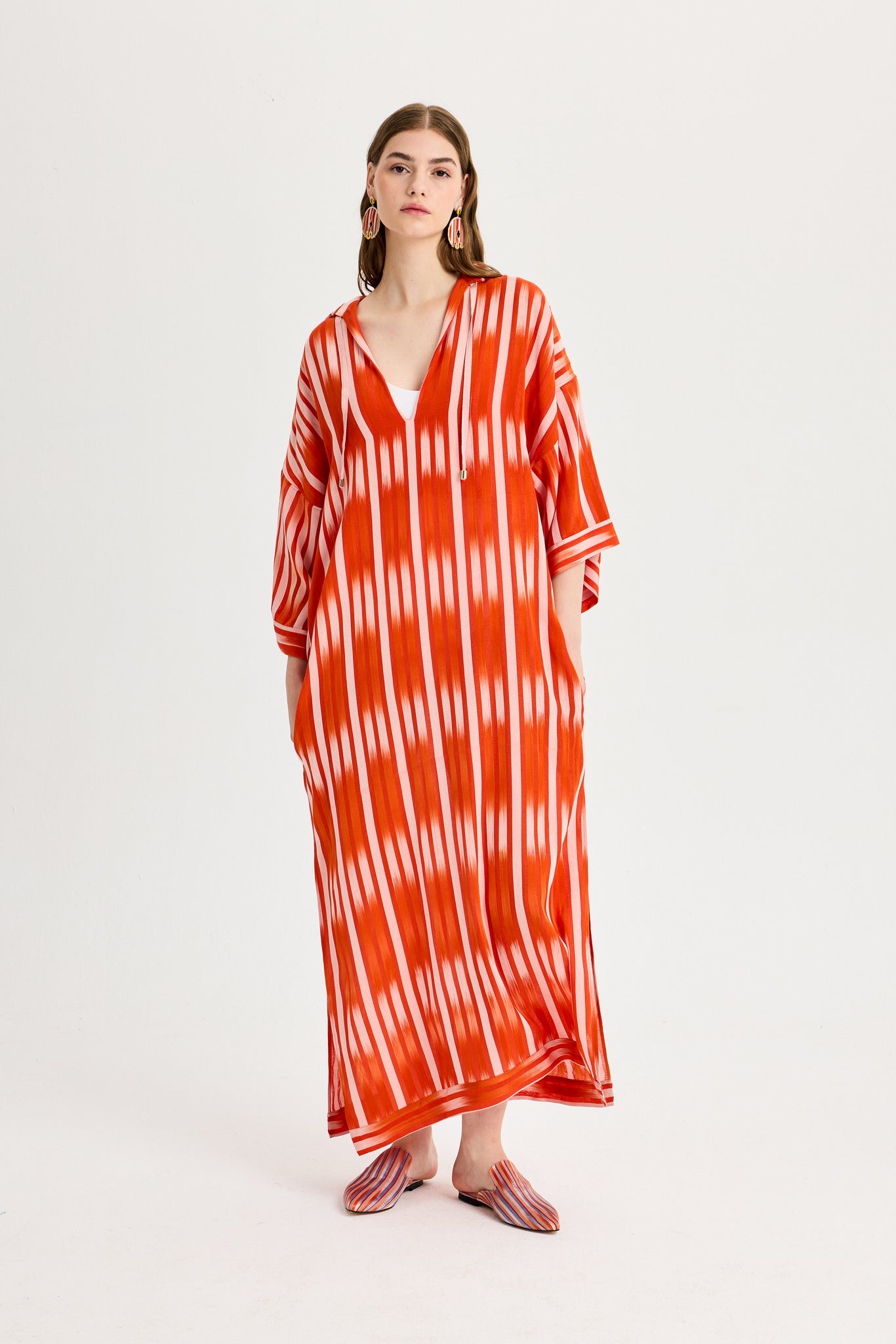 Orange Ikat Detailed Hooded Kutnu Kimono Dress