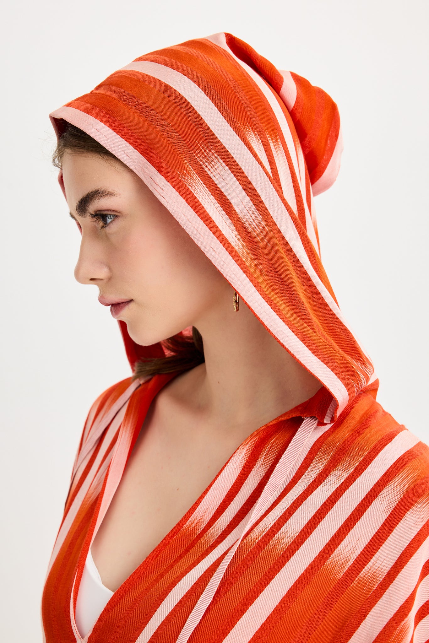 Orange Ikat Detailed Hooded Kutnu Kimono Dress