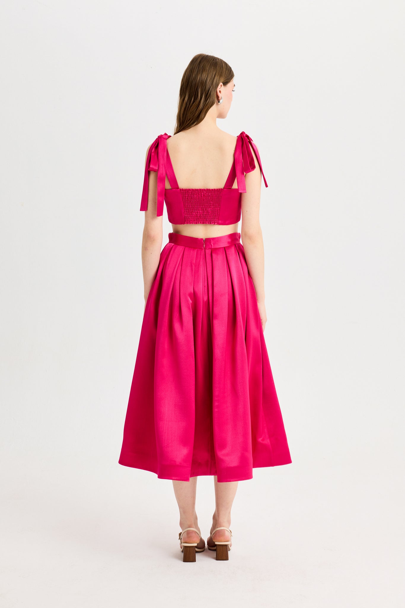 Fuşya Omuz Bağcıklı Kutnu Crop Top