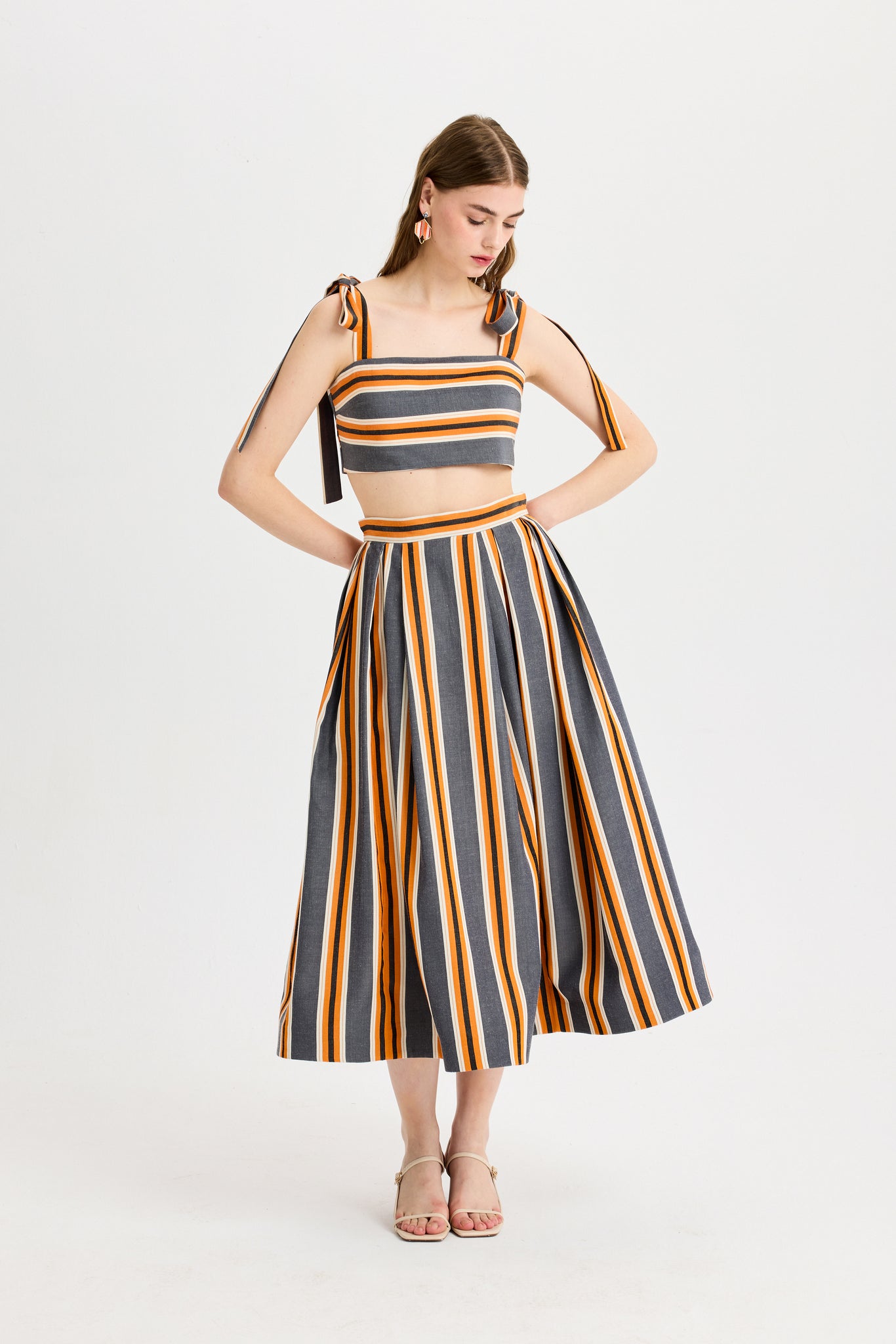 Turuncu Antrasit Omuz Bağcıklı Kutnu Crop Top