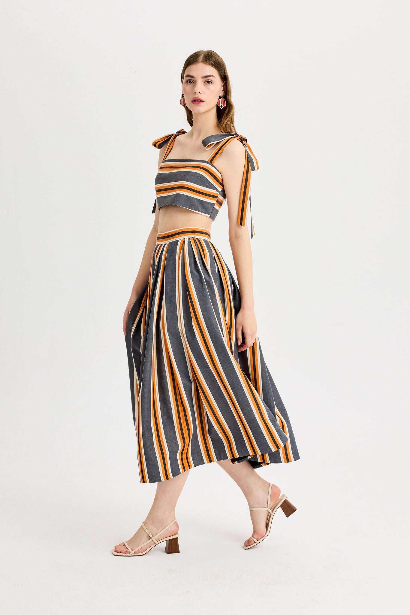 Turuncu Antrasit Omuz Bağcıklı Kutnu Crop Top