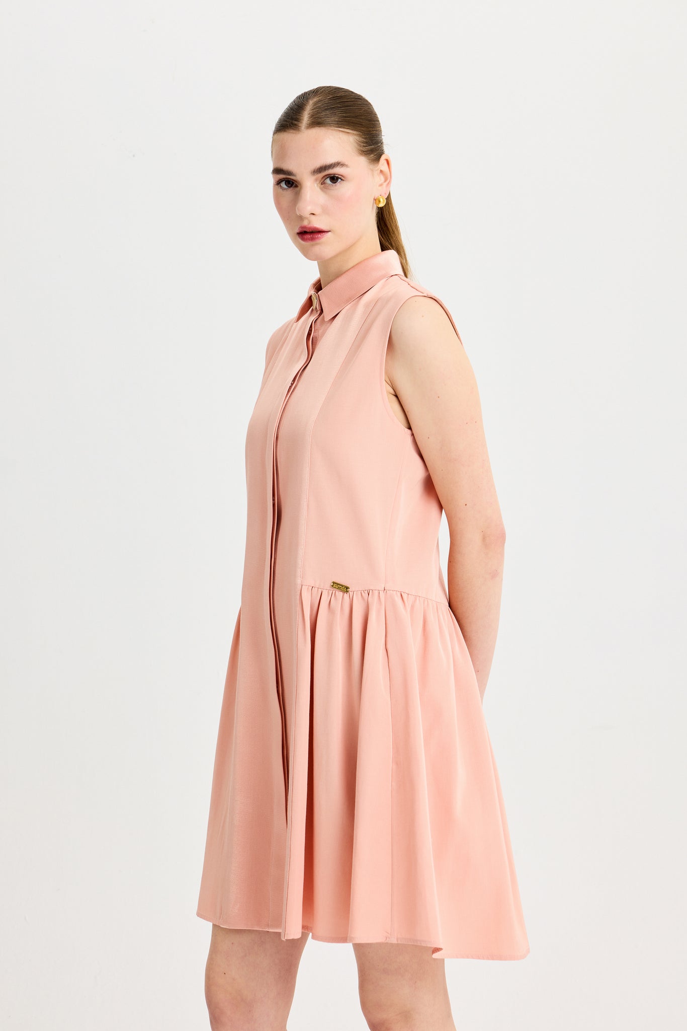 Kum Pembe Kolsuz Kutnu Mini Elbise