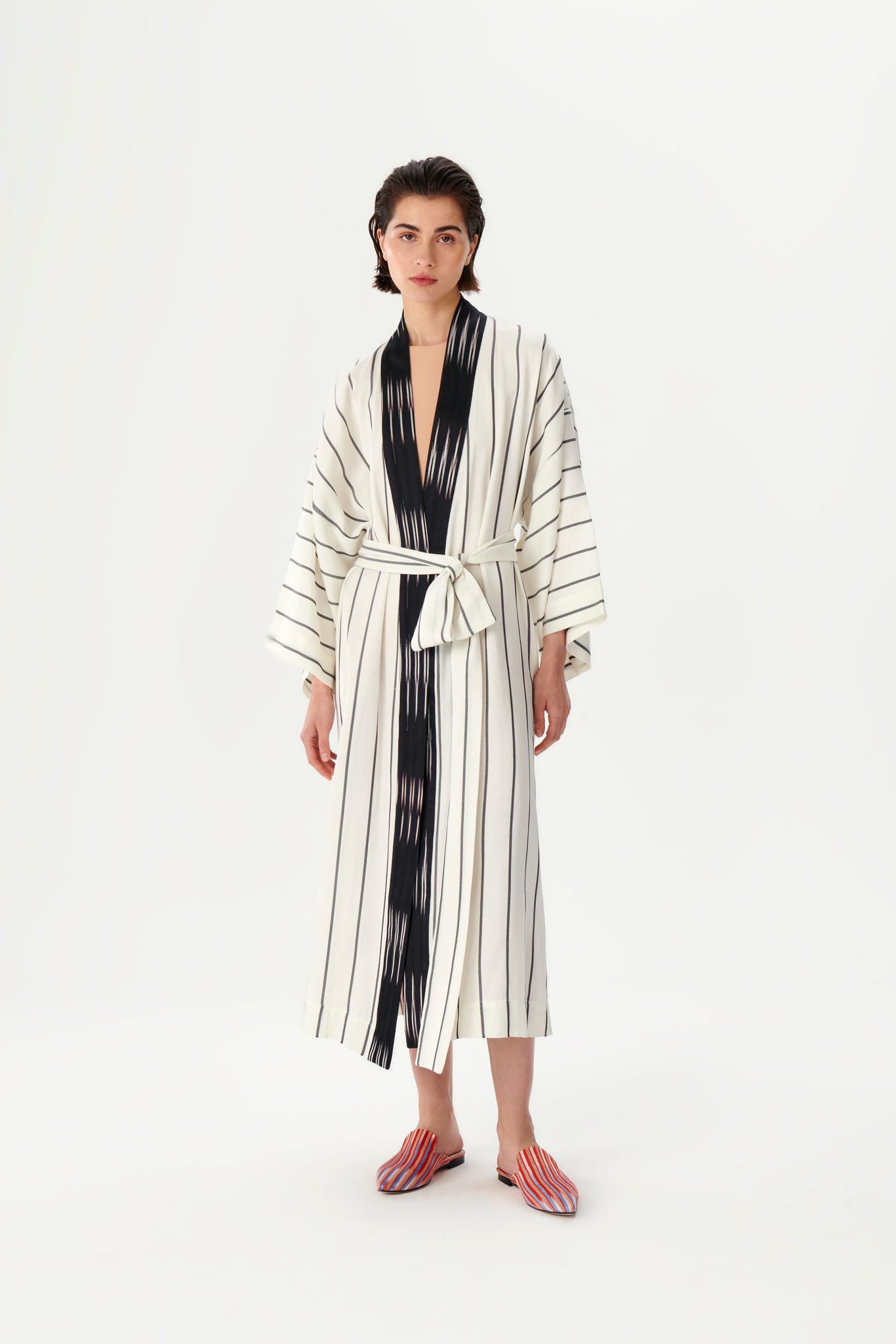 Classic Black and White Striped Kimono