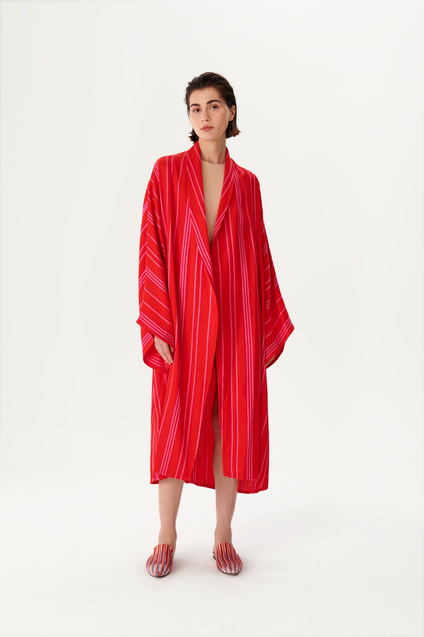 Shawl Collar Red Striped Kimono