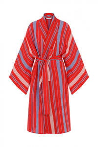 Şal Yaka Mavi Kırmızı Çizgili Kimono