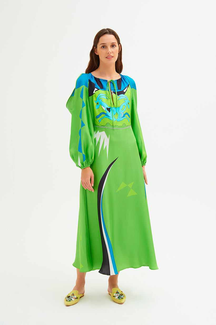 Açık Omuzlu Zeugma İpek Uzun Yeşil Elbise