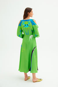 Açık Omuzlu Zeugma İpek Uzun Yeşil Elbise