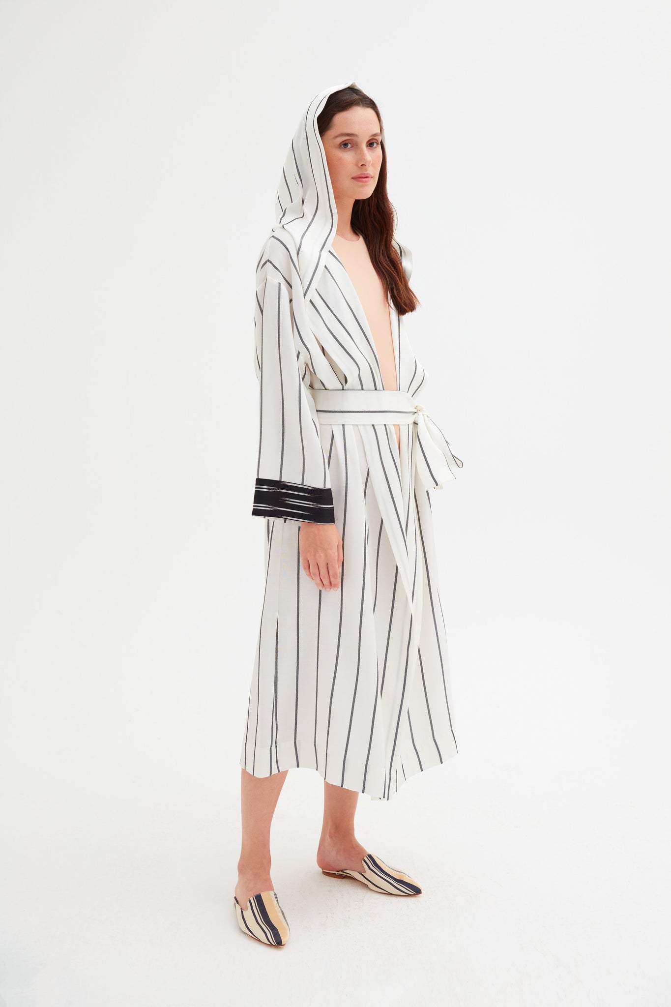 Hooded Black and White Striped Kimono