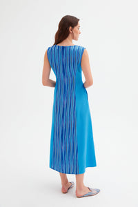 V Yaka Renk Kombinli Uzun Kutnu Mavi Elbise